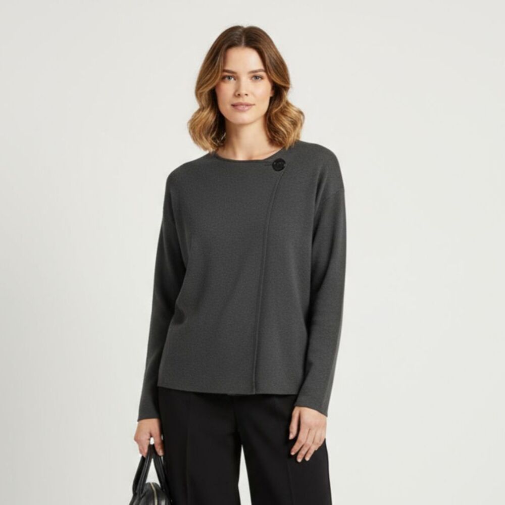 August Silk Gray Woven Top Button Close long Sleeve Sweater NEW L